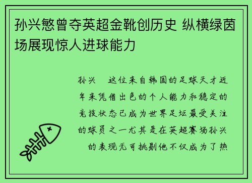 孙兴慜曾夺英超金靴创历史 纵横绿茵场展现惊人进球能力 孙兴慜曾夺英超金靴创历史 纵横绿茵场展现惊人进球能力